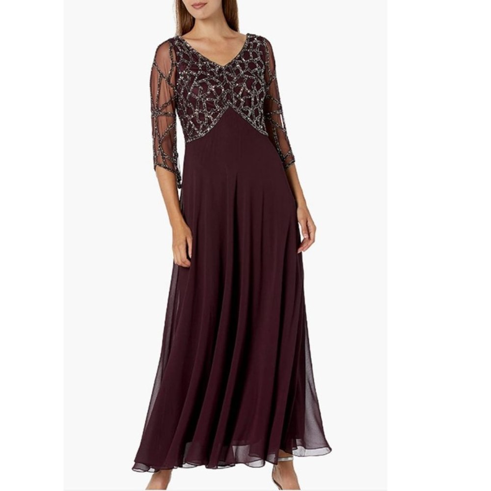 J Kara 3/4 Sleeve Geo Beaded Wine Gown